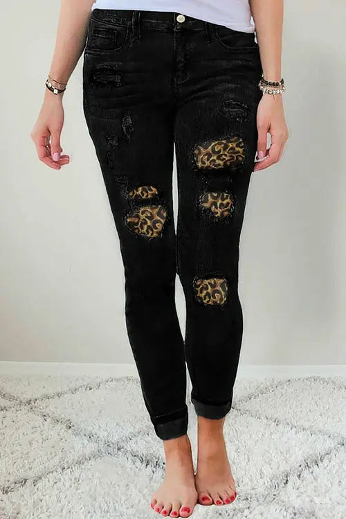 Fashion Black Ripped Leopard Patch Pocket High Waist Skinny Jeans - GLR SHOPPING