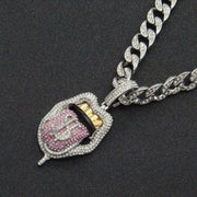 Dollar Tongue Shape Pendant with Pink Crystal Cuban Chain - GLR SHOPPING